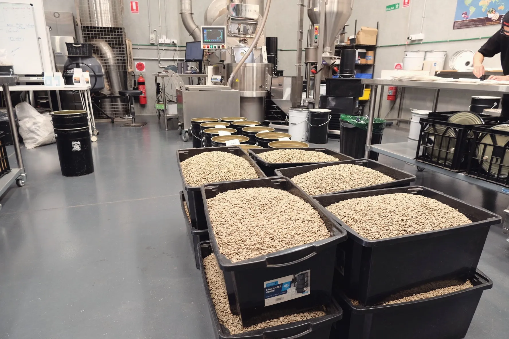 Storage bins of coffee beans inside a roastery