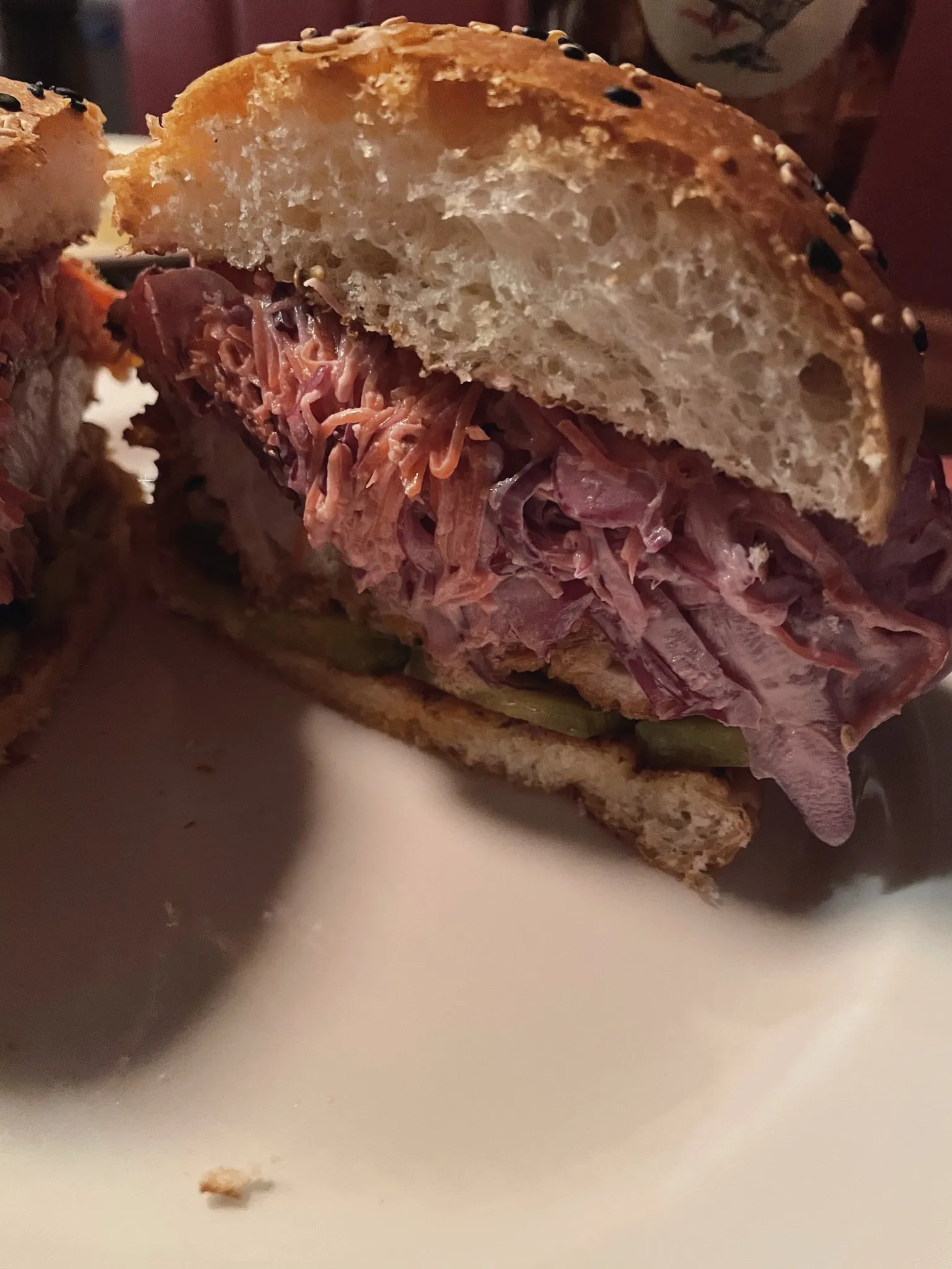 A cross-section of a reuben sandwich